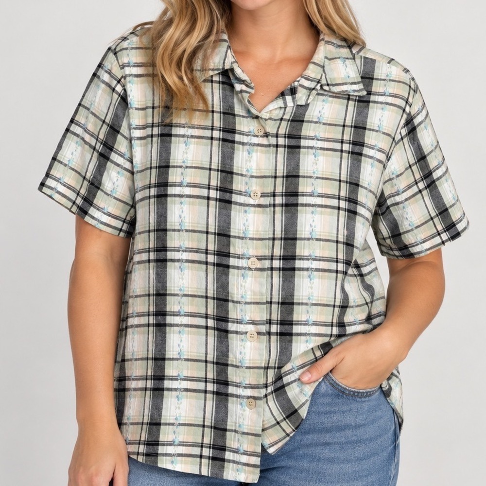 Vintage Basic Editions Large Plaid Floral Embroidered Cotton Button Shirt 90s